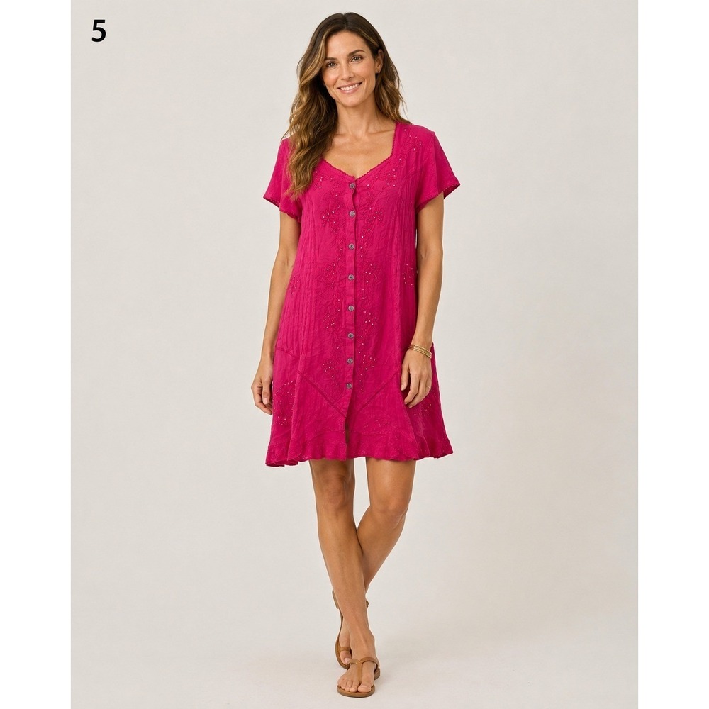 Coline Button Front Dress M Pink Embroidered Sequin Beaded Vaca Resort Vintage